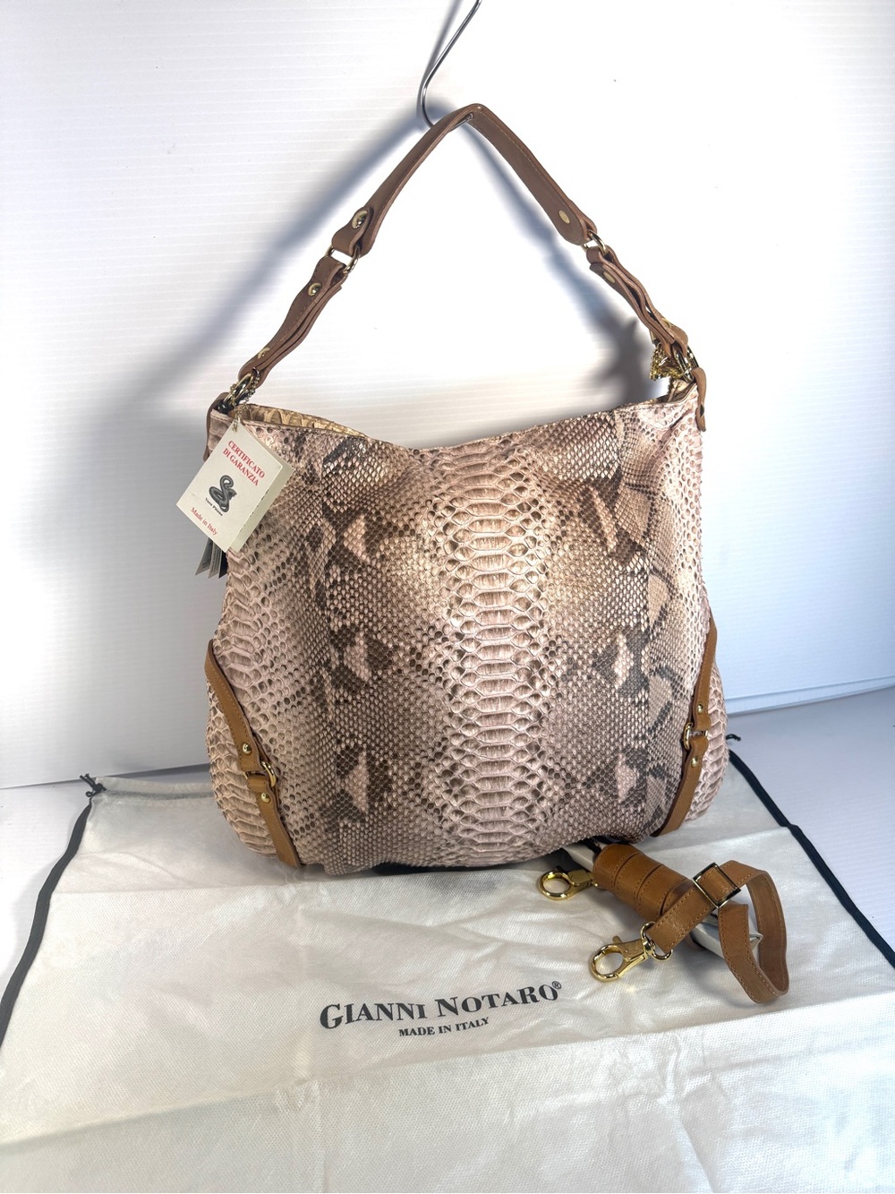 Gianni Notaro Lt Pink Snake Skin Hobo Bag with Tan Strap